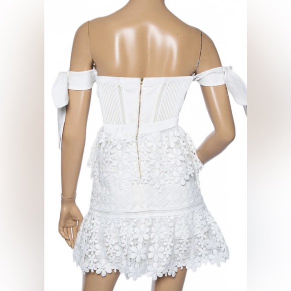 Self Portrait White Guipure Lace Tiered Off Shoulder Mini Dress - Picture 3 of 7